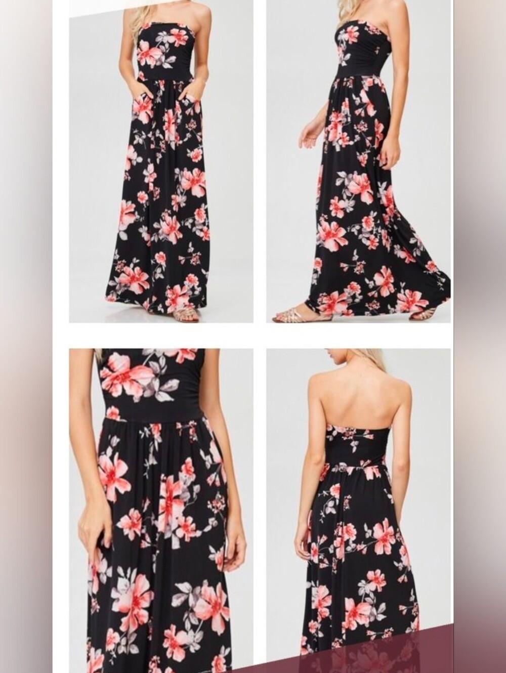 NWT Elegant Black & Pink Floral Maxi Dress with Sweetheart Neckline Sz M - Picture 3 of 12